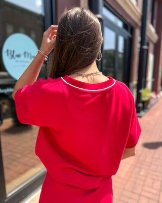 Red Modal Varsity V-Neck Top