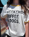 close-up of weekends, coffee, & dogs ringer t-shirt