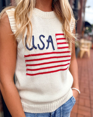 Americana Knit: USA Flag Sleeveless Sweater - Cream - Shopbluemoonbentonville
