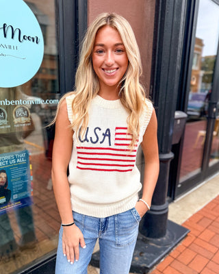 Americana Knit: USA Flag Sleeveless Sweater - Cream - Shopbluemoonbentonville