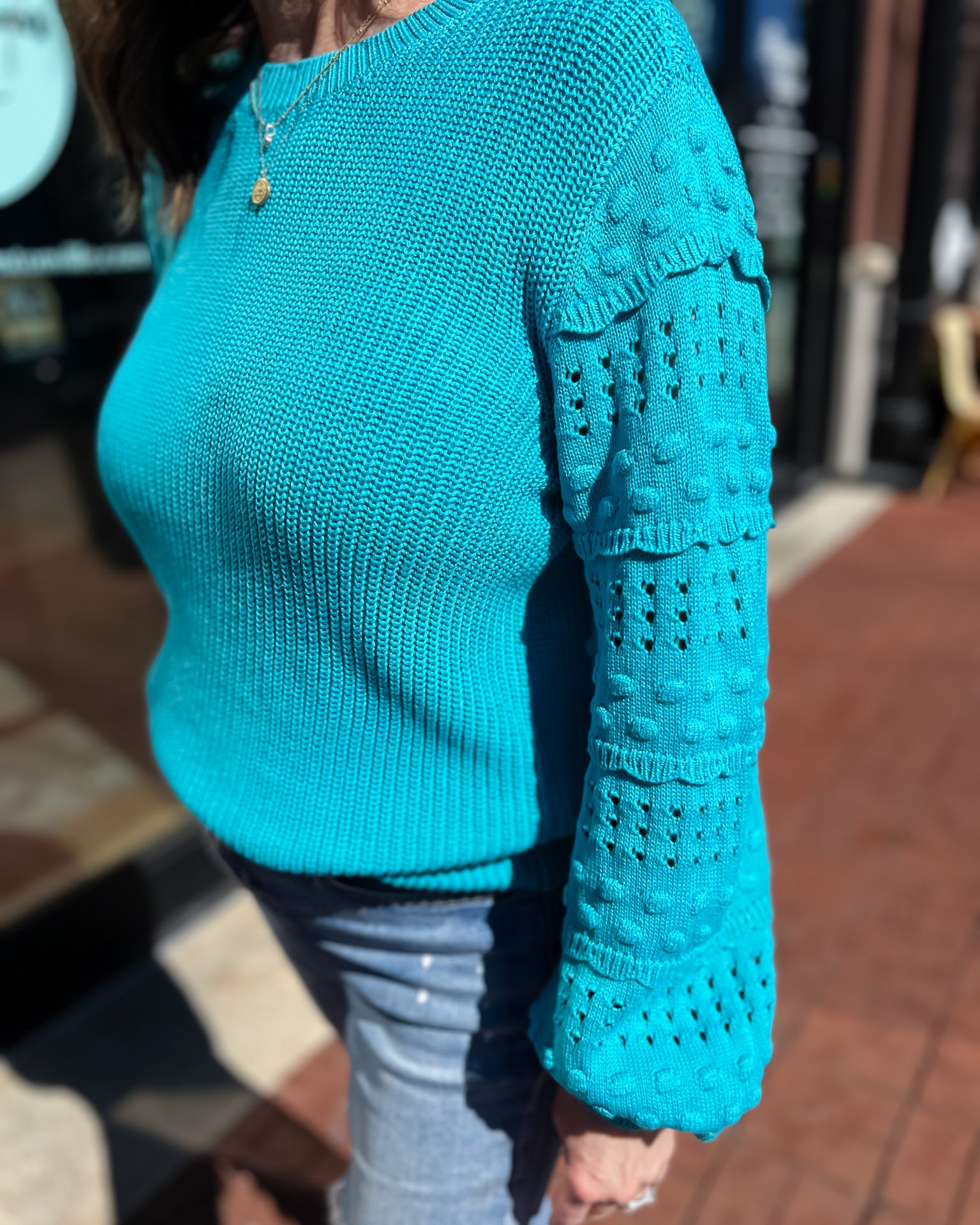 Aqua Textured Ruffle Sleeve Sweater