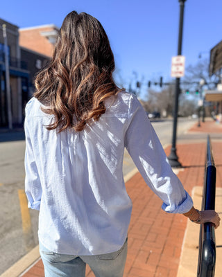 Baby Blue Pinstriped Shirt w/Ruffle - Shopbluemoonbentonville