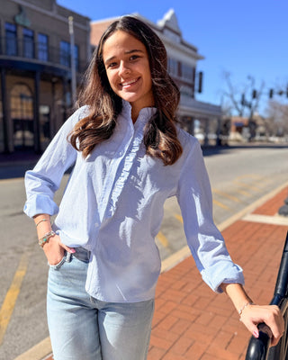 Baby Blue Pinstriped Shirt w/Ruffle - Shopbluemoonbentonville