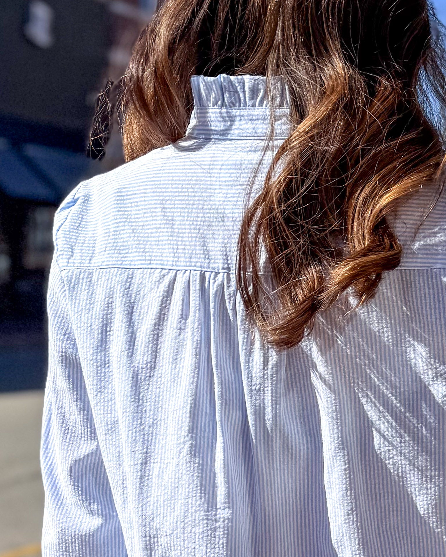 Baby Blue Pinstriped Shirt w/Ruffle