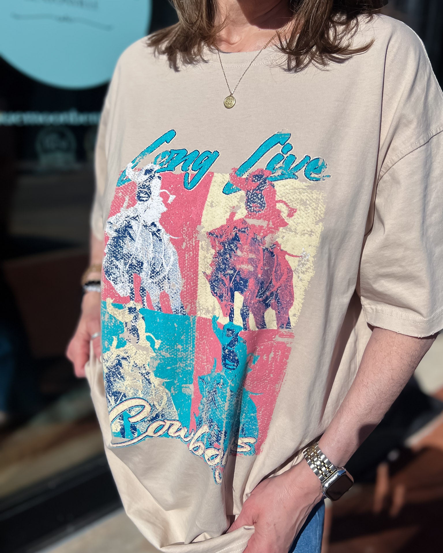 Beige Long Live Cowboys Pop Art Graphic T-shirt