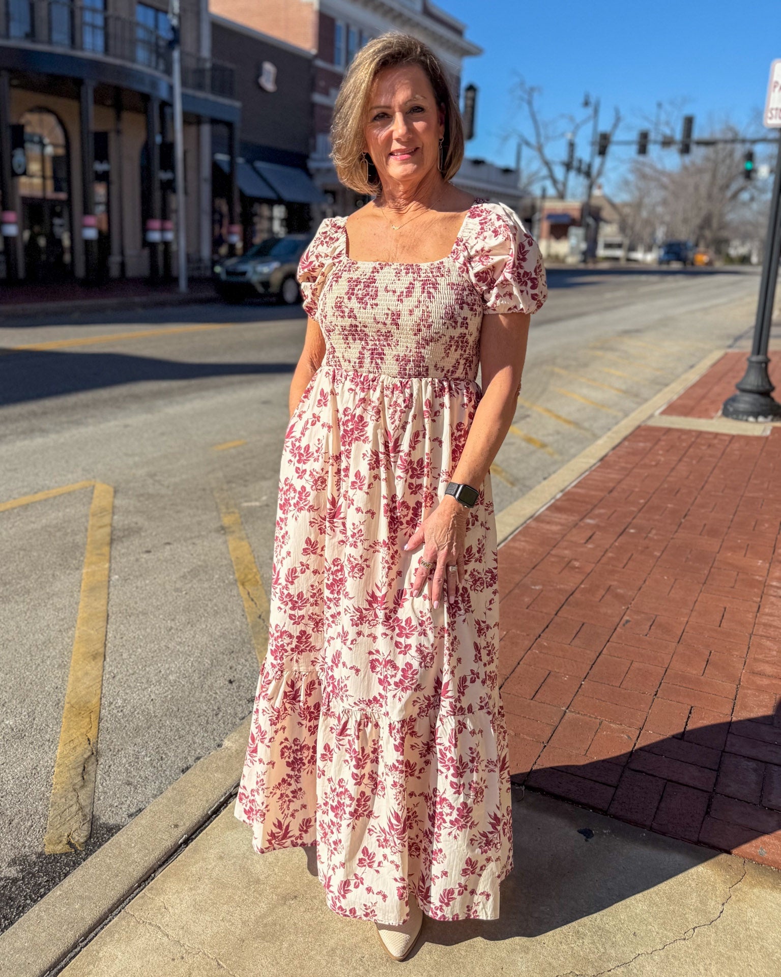 Berry Smocked Floral Maxi Dress