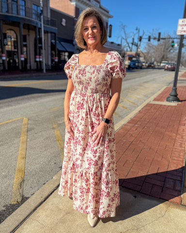 Berry Smocked Floral Maxi Dress