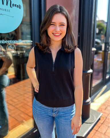 Black Boxy Half Zip Tank Top