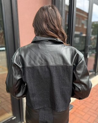 Black Faux Leather Contrast Denim Jacket - Blue Moon Bentonville
