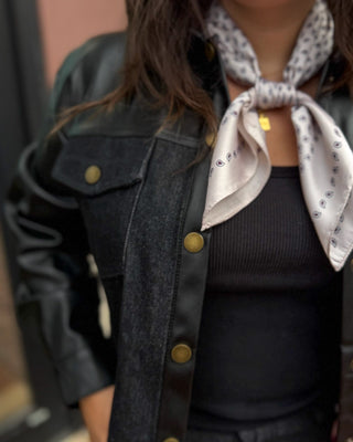 Black Faux Leather Contrast Denim Jacket - Blue Moon Bentonville