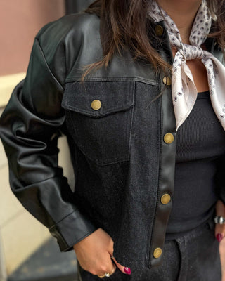 Black Faux Leather Contrast Denim Jacket - Blue Moon Bentonville
