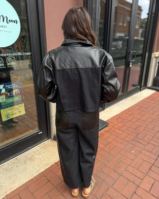 Black Faux Leather Contrast Denim Jacket - Blue Moon Bentonville