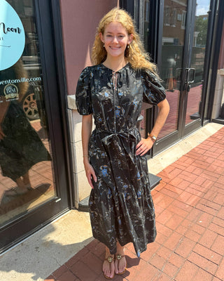 Black floral print tiered midi dress by Pinch, shown front and back on model