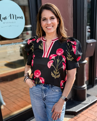 Black Floral Top w/Puff Sleeves