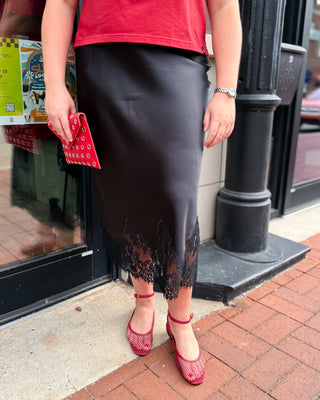 Black Satin Skirt w/Lace Hem - Shopbluemoonbentonville