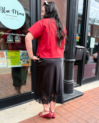 Black Satin Skirt w/Lace Hem - Shopbluemoonbentonville