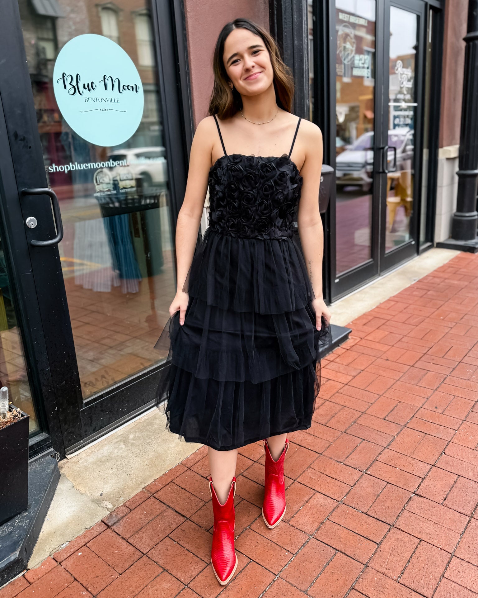 Black 3D Floral Midi Dress w/ Tulle Skirt