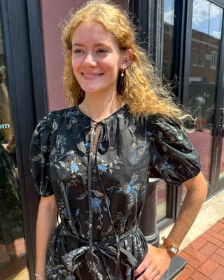 Black Floral Print Tiered Midi Dress