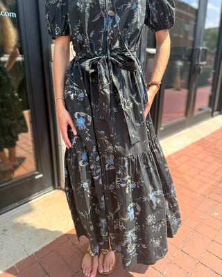 Black Floral Print Tiered Midi Dress