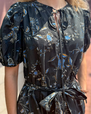Black Floral Print Tiered Midi Dress