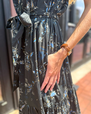 Black Floral Print Tiered Midi Dress