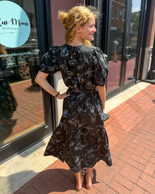 Black Floral Print Tiered Midi Dress