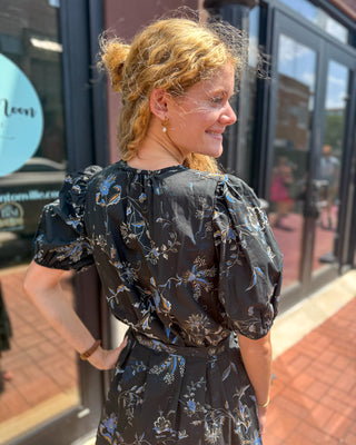 Black Floral Print Tiered Midi Dress