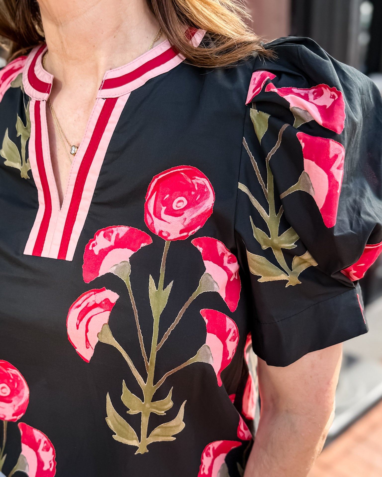 Black Floral Top w/Puff Sleeves