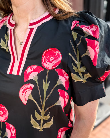 Black Floral Top w/Puff Sleeves