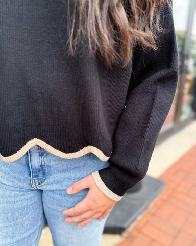Black/Mocha Sweater w/Scallop Hem