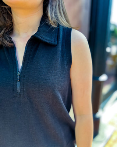 Black Boxy Half Zip Tank Top