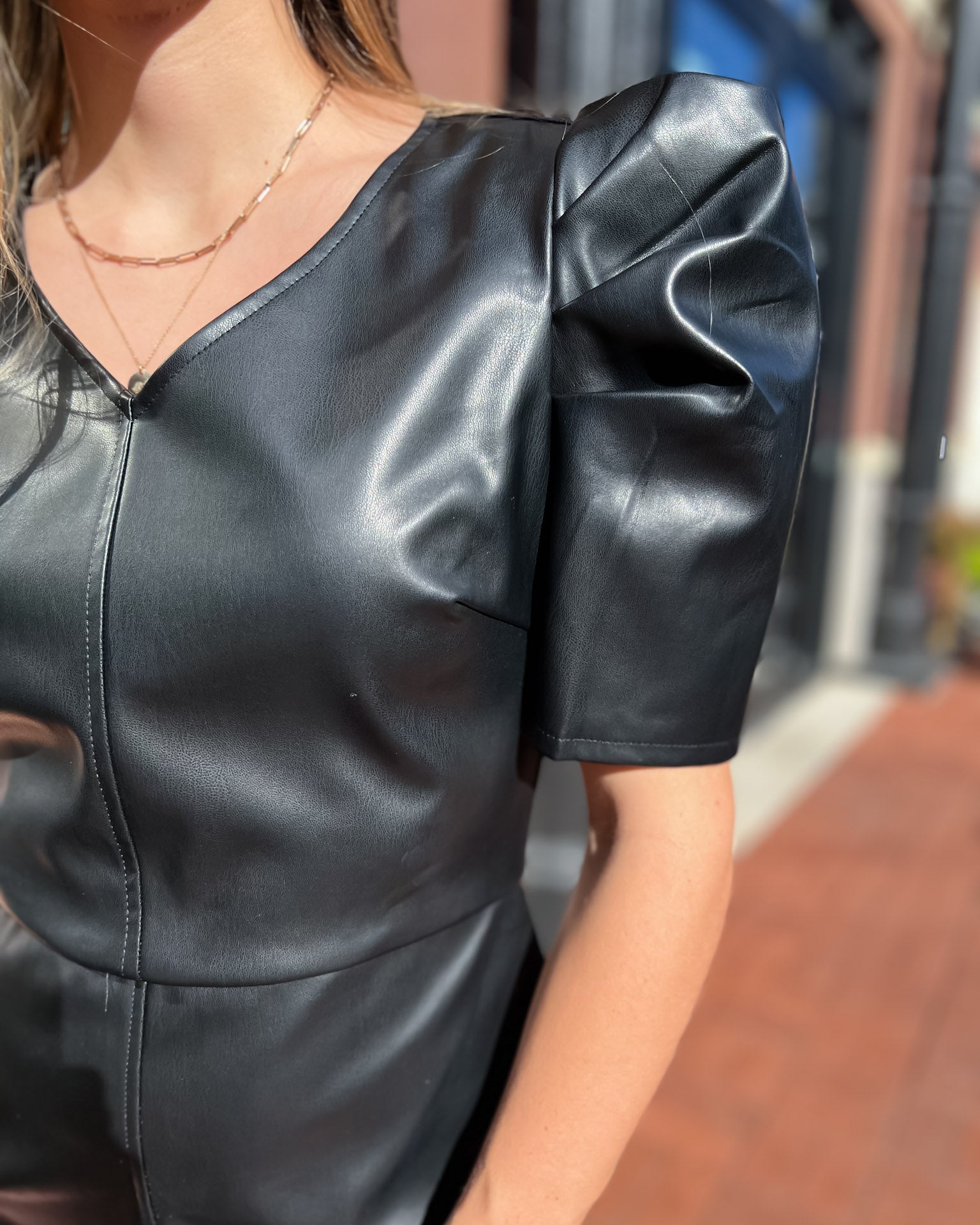 Black Faux Leather Dress w/Puff Sleeves