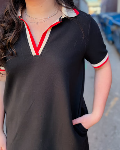 Black Polo Mini Dress with Contrast Stripes