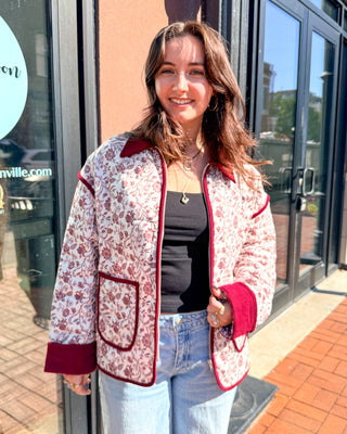 Blu Pepper Burgundy Floral Toile Quilted Jacket - Blue Moon Bentonville