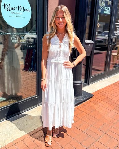 Blu Pepper Smocked Tie - Front Tiered Midi Dress - White - Shopbluemoonbentonville