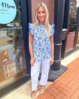 Blue Floral Top w/Ruffle Cap Sleeves - Shopbluemoonbentonville
