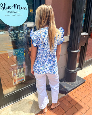 Blue Floral Top w/Ruffle Cap Sleeves - Shopbluemoonbentonville