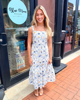 Blue + Gold Mediterranean Escape Midi Dress - Shopbluemoonbentonville