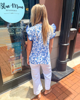 Blue Floral Top w/Ruffle Cap Sleeves