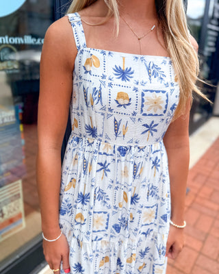 Blue + Gold Mediterranean Escape Midi Dress