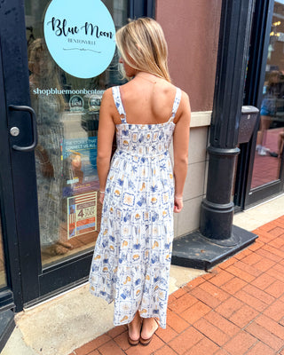 Blue + Gold Mediterranean Escape Midi Dress