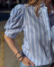 Blue Ruffle Neck Striped Blouse