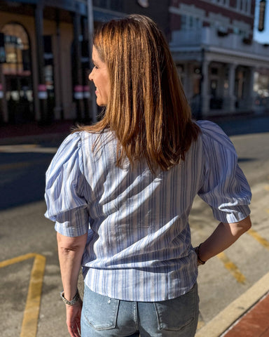 Blue Ruffle Neck Striped Blouse