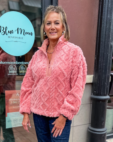 Blush Fleece Cable Pattern Henley Pullover