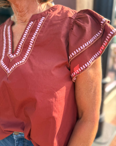 Brick Top w/Embroidered Trim