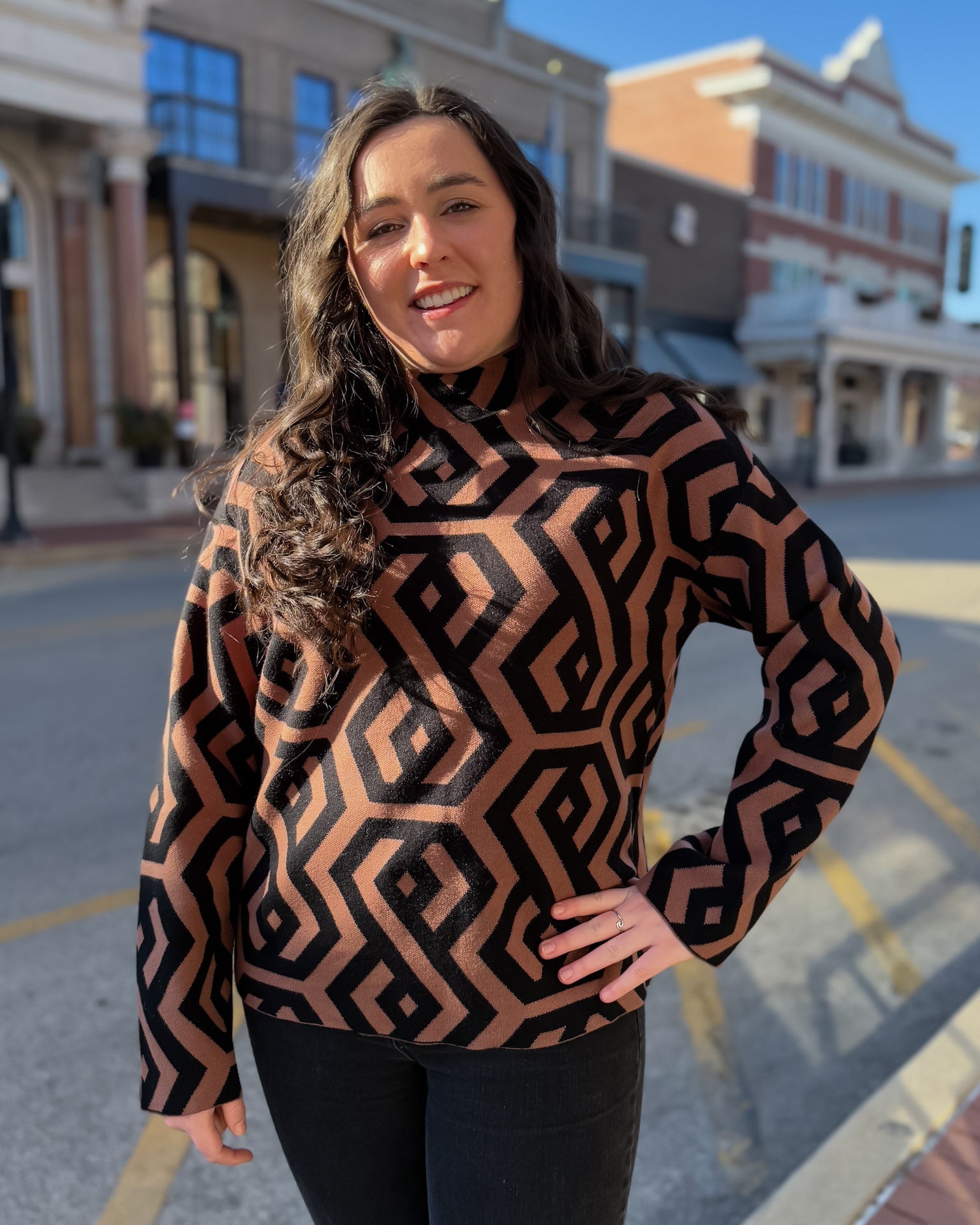 Brown and Black Geometric Turtleneck Sweater