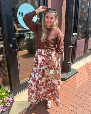 Brown floral midi sundress and coordinating brown sweater set by Entro, shown styled together and separately on two models