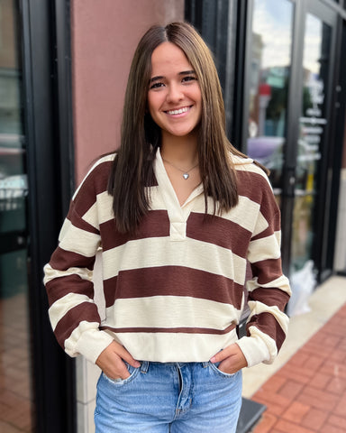 Brown Wide Striped Collard Top