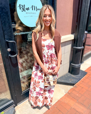 Brown Floral Midi Sundress & Sweater Set