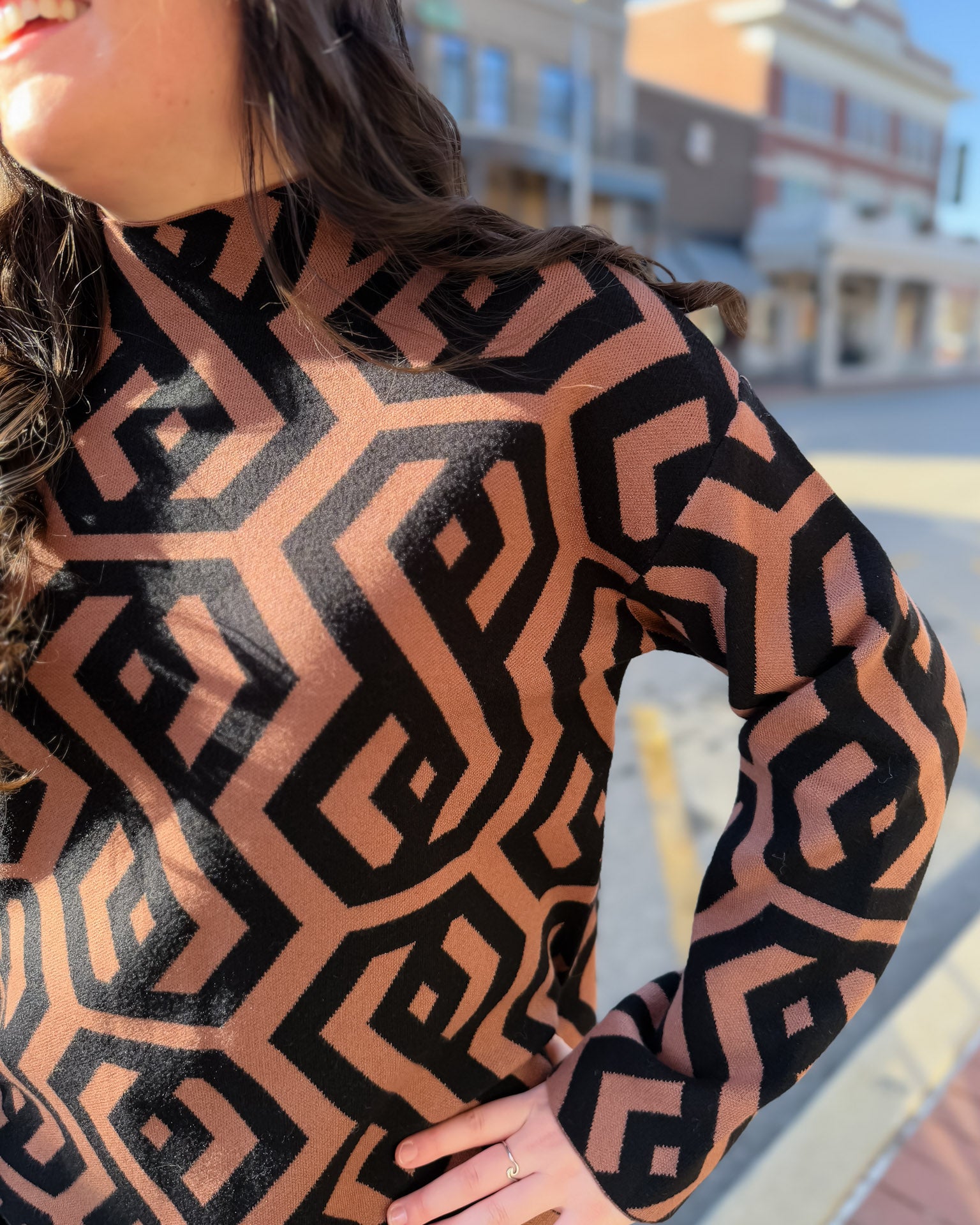 Brown and Black Geometric Turtleneck Sweater